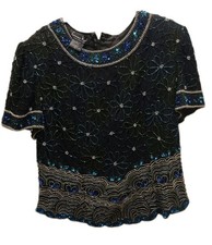 Papell Boutique Evening, Silk Beaded Black Blouse, Size XL