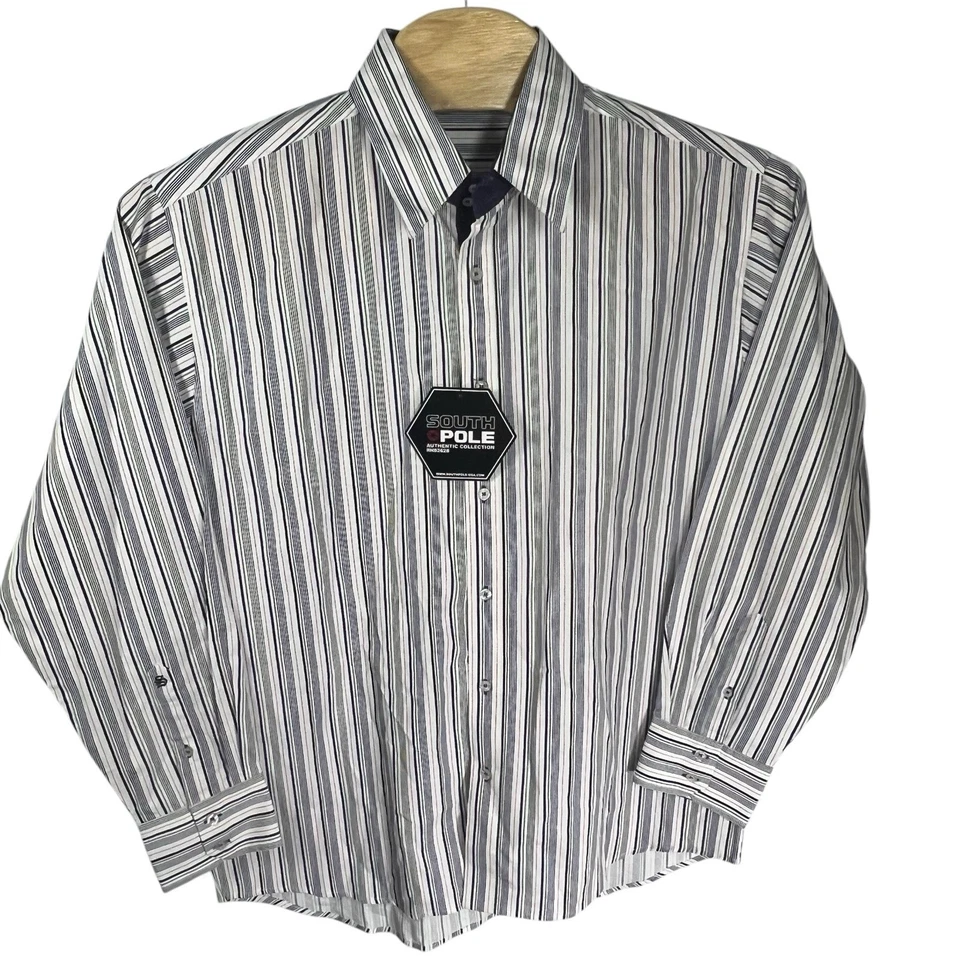 Camisa masculina polo sul XL listrada branca algodão manga longa com botões - Imagem 2 de 4