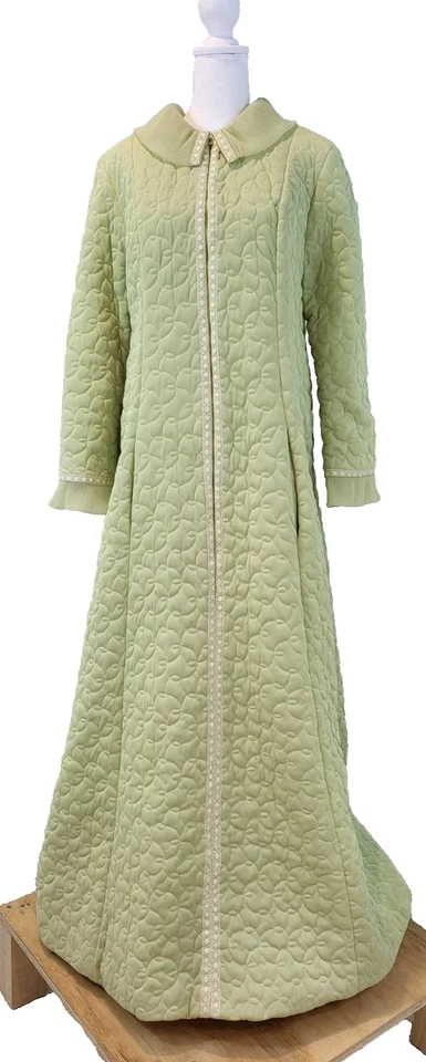 Vestido de casa acolchado verde vintage años 60 Vanity Fair acogedor bata encaje tubo 16 Foto 4 de 4