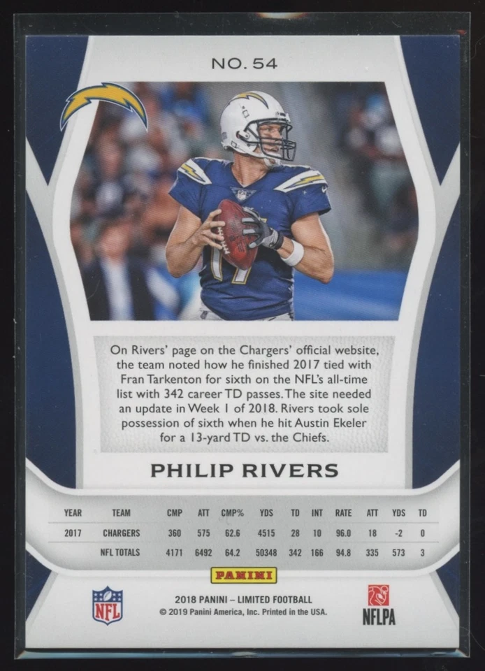 2018 PANINI LIMITED #54 PHILIP RIVERS  LOS ANGELES CHARGERS - Image 2 of 2