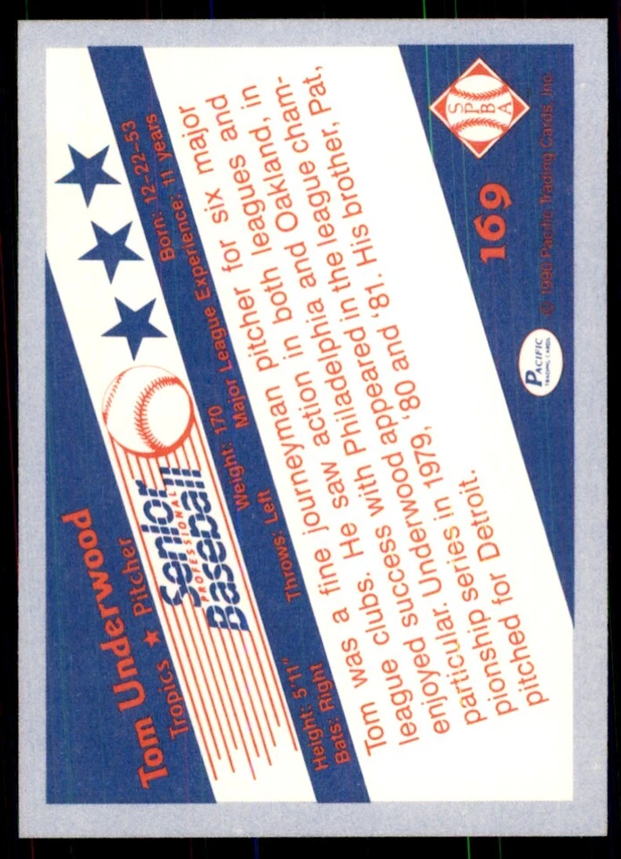1990 Pacific Senior League Tom Underwood Baseball Cards #169 - Image 2 of 2