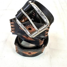 Rachel Roy Leather Festival Boho Hippie Belt sz Med Embroidered Linked Rectangle