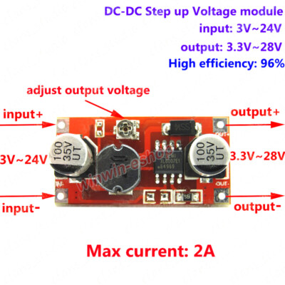 DC Boost Step Up Adjustable Converter 3v-24v 5v 12v to 3.3v-28v 6v 9v 12v 24v 2A