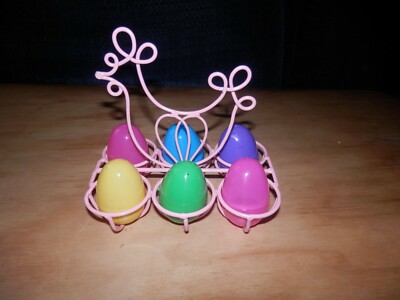 Metal Pink Easter Egg Display Rack with Chicken Handle Holds 6 Eggs