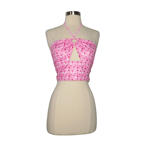 Adika Pink Floret Floral/Octopus Print Cut Out Halter Crop Top Women's
