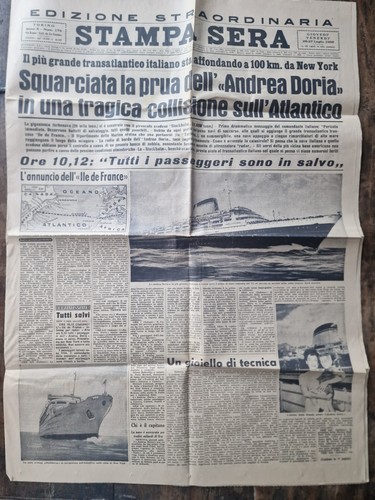 alte Zeitung STAMPA NERO Kollision & Untergang Luxusdampfer Andrea Doria 1956
