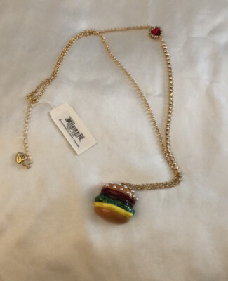 Betsey Johnson Gold Tone Hamburger Pendant Necklace Cup Chain Accent NWT