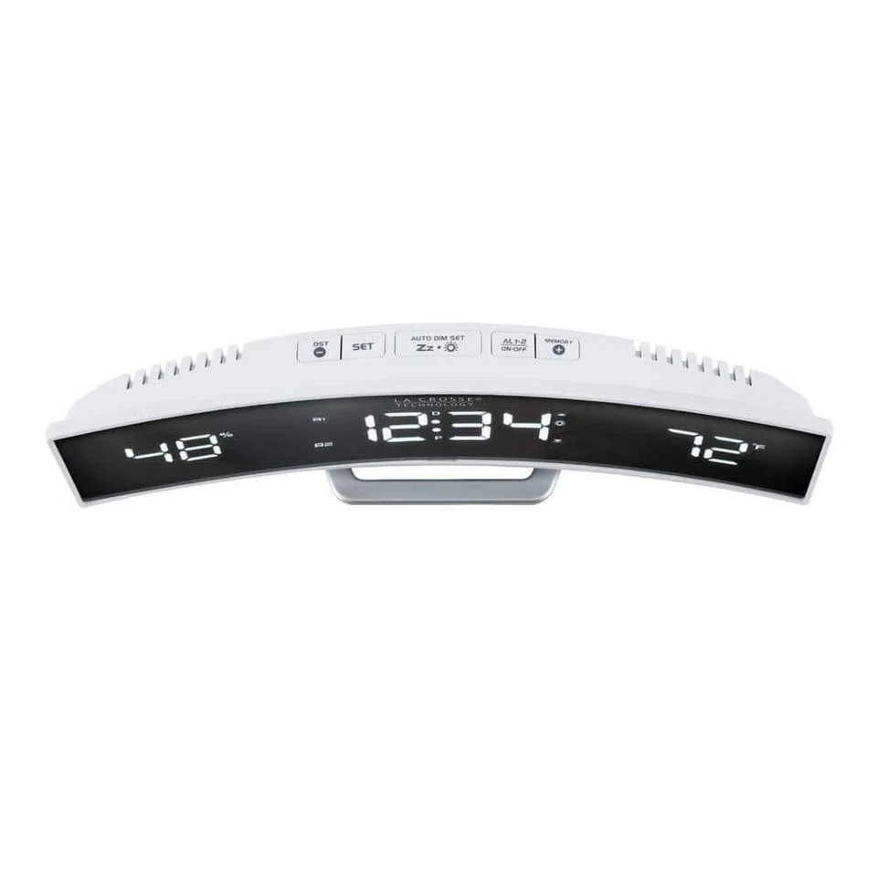 Alarm Clock White Curved Glass Screen Mirrored LED Lens Display USB Port Modern - Image 4 of 4