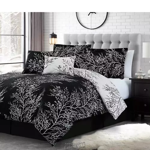 Foliage 6 piece Comforter Set Black Ivory KING Reversible 2 accent pillows Shams