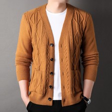 Maglione Cardigan Uomo Cable Knit V-Neck Con Bottoni Tasche Maglia Acrilico