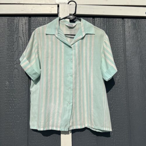 Vintage 80s Blair Striped Shirt White Teal Short Sleeve Button