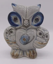 Blue Tonala Mexican Pottery Owl and Owlets Figurine w/Butterfly/Birds - Signed