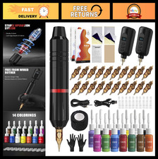 Wireless Tattoo Gun Kit - 2x 1500mAh Batteries, 20 Needles, 14 Ink Colors, Full