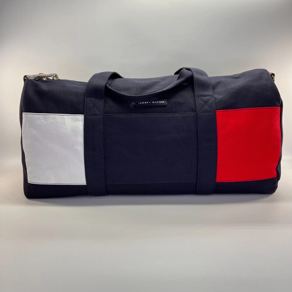 Tommy Hilfiger Duffle Bag Colorblock Navy Red White Canvas Gym Travel Weekender - Image 2 of 4