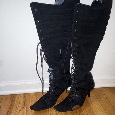 Bally Tesla Black Knee High Lace-Up Stiletto Leather Boots Women