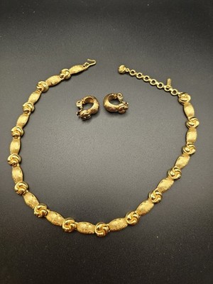 Vintage Monet Demi-Parure Collar Necklace And Clip Earrings Set, Gold Tone