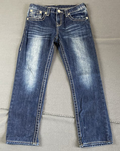 True Religion Straight Jeans Girls Size 16/25 Mid Rise Dark Wash Whiskering