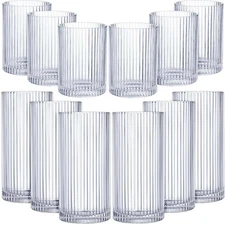 12 Pcs Ribbed Drinking Glasses Set 9 oz 12 oz Glass Cups Vintage Glassware Ri...