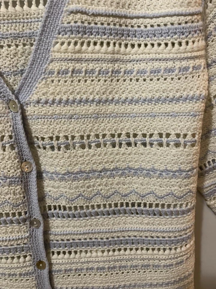 Vintage Crochet Cardigan Sweater Womens Medium Blue Cream Grandmacore Foxcroft - Image 3 of 4