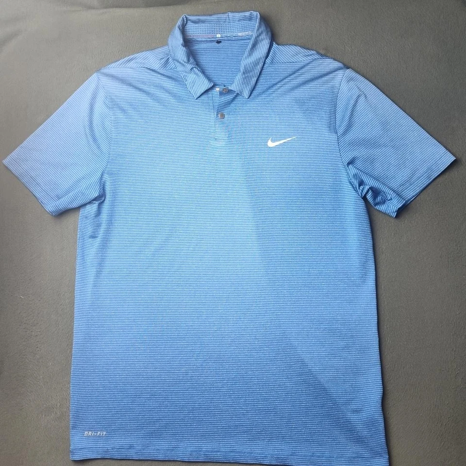 Camisa Polo Nike Tiger Woods Para Hombres Azul Mediana Dri-FIT Rayas Golf Tour 726197 Foto 2 de 4
