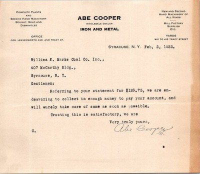 1923 Abe Cooper Iron & Metal Letter Syracuse NY Vintage Ephemera