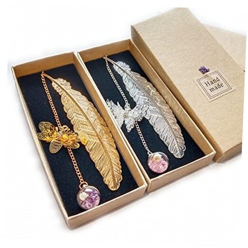 2pcs Vintage Metal Feather Bookmarks with Butterfly Bee Pendant,Student