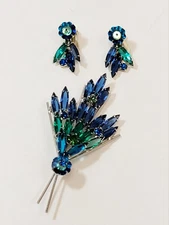Vtg Juliana Margarita Flower Rivoli Navettes Blue Green Brooch & Earrings 