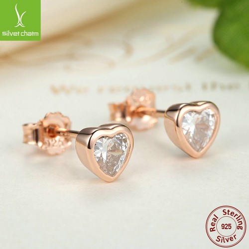 Women Girls Solid 925 Sterling Forever Love Heart 14K Gold & Clear CZ Earrings - Picture 2 of 6