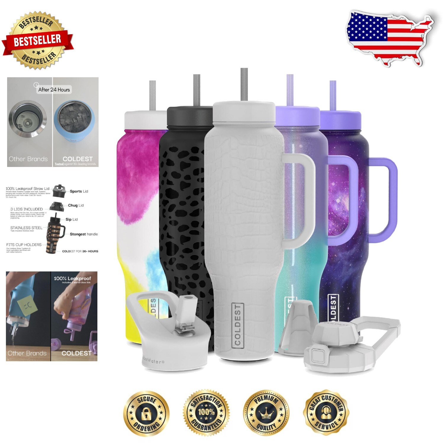 Ultra-Durable 46 Oz Coldest Insulated Tumbler Leak-Proof Cup Holder Ready