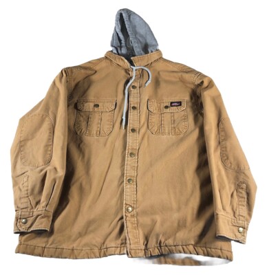 Dickies Work Coat Men’s Brown Jacket Gray Hoodie Lined Quilted Zip Snap  XL