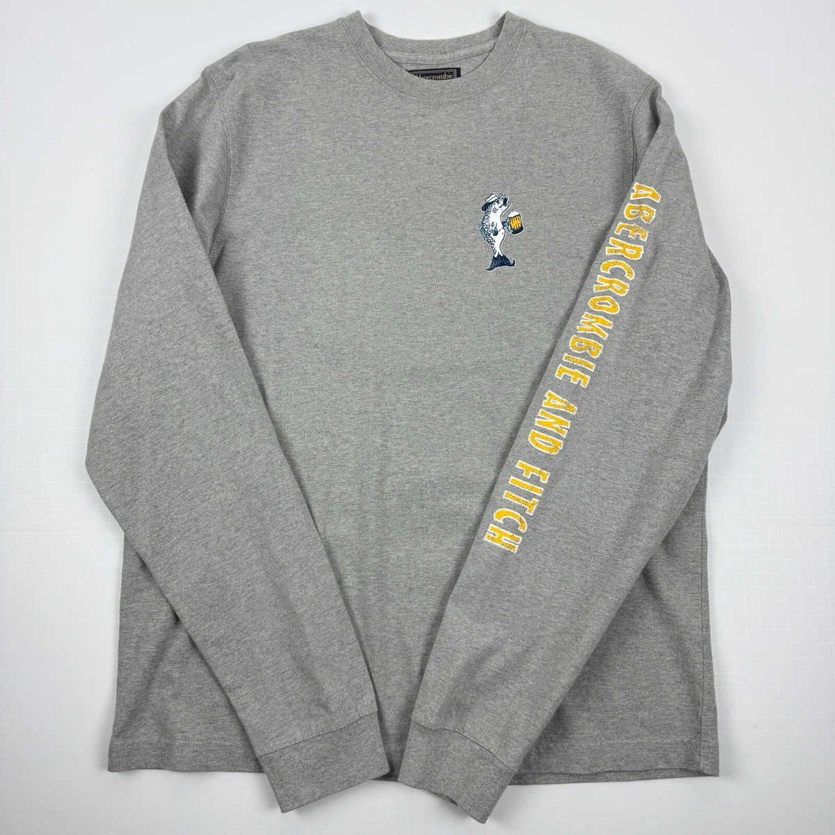 Vintage Abercrombie Fitch T-Shirt Mens Large Beer Fish Long Sleeve Gray  Shirt