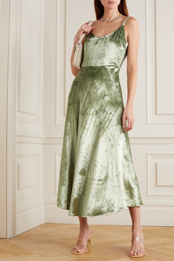 green emerald velvet dress Green Velvet Floral Ruched Slip Midi Dress M / Avocado Green / 95% Recycled Polyester 5% Spandex
