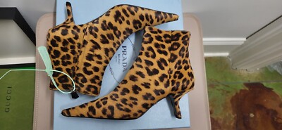 Prada NEW $1,250 leopard print comma kitten heel ankle boots size EU 39 / US 9