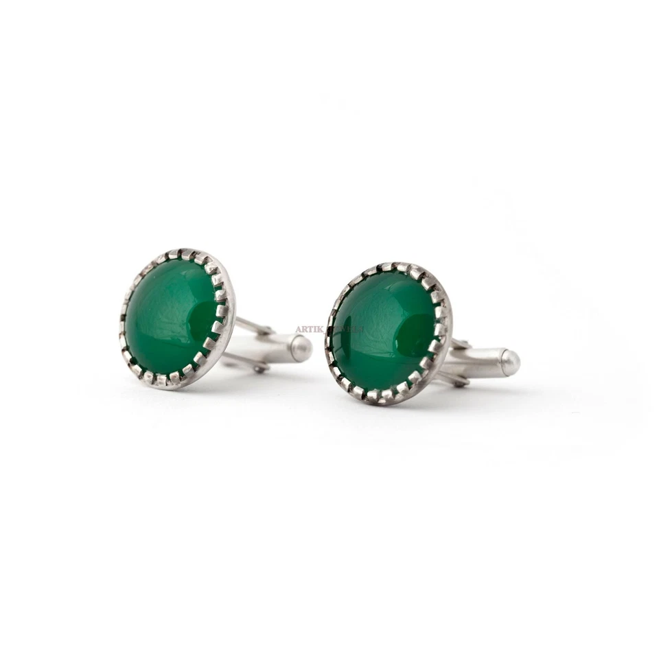 Gemstone In Onice Verde Naturale Con Gemelli In Argento Sterling 925 #2414 - Immagine 3 di 4