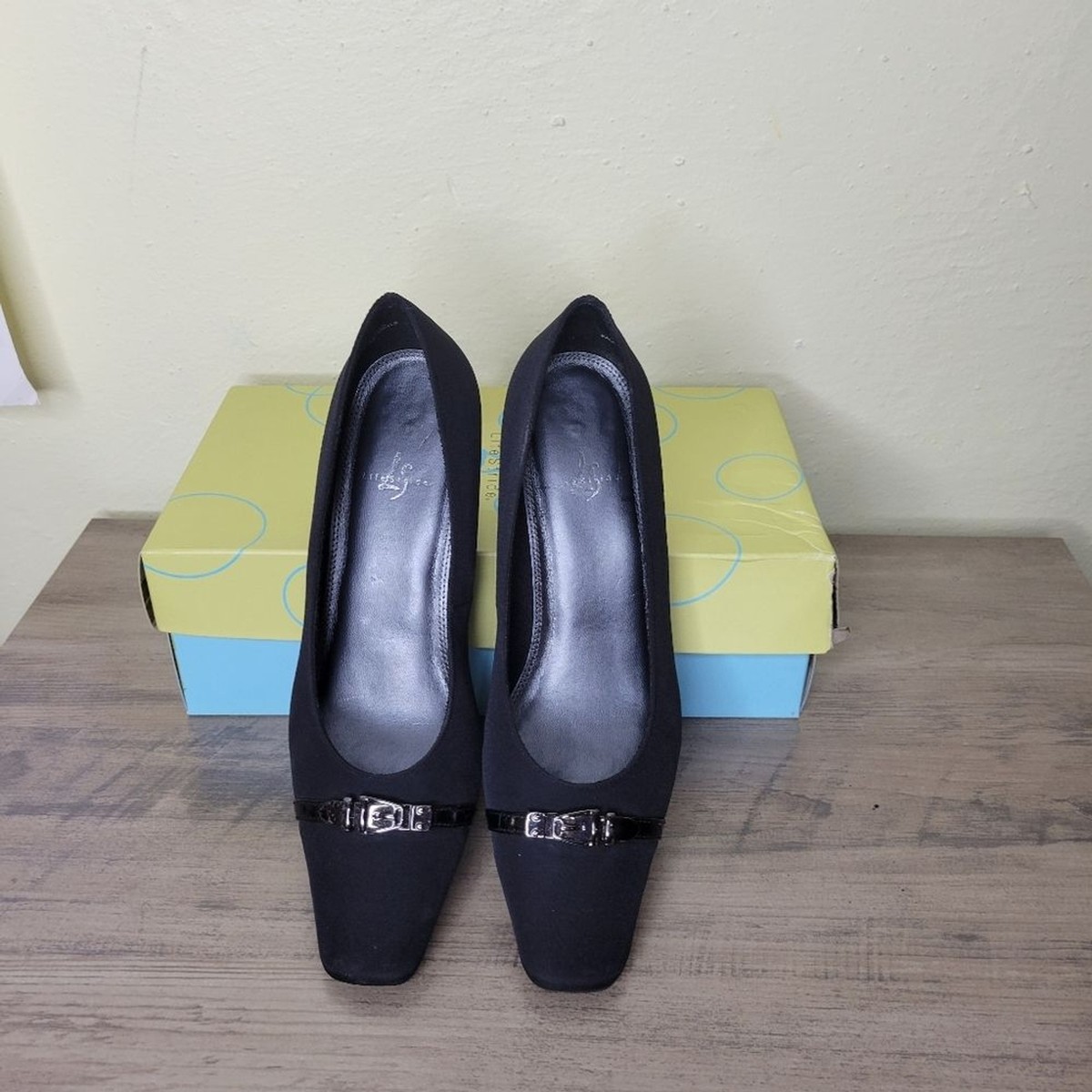 Life Stride Black Sherice Fabric Square Heels Silver Buckles