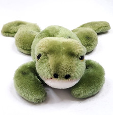Vintage Dakin 1976 Green Frog Plush Bean Bag Laying 10.5" Plastic Yellow Eyes