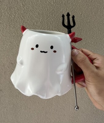 New Starbucks Cute Halloween White Ghost Mug Coffee Cup +Stir Rod 16oz Best Gift