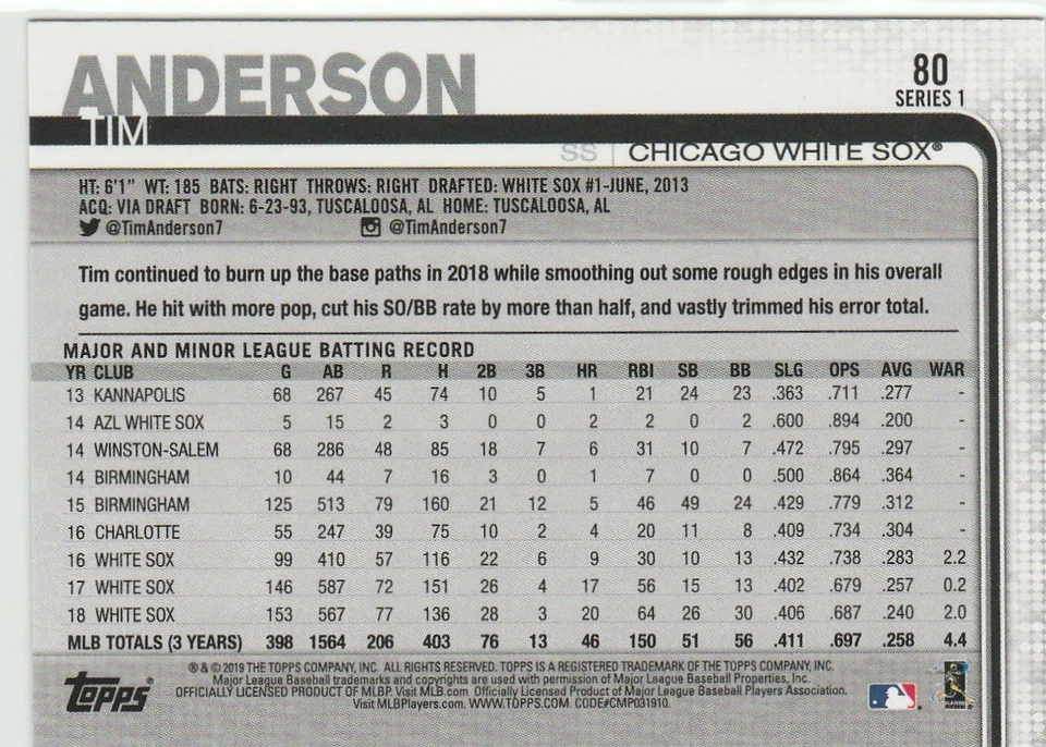 #80 Tim Anderson Chicago White Sox 2019 Topps Series 1 Baseball - Image 2 of 2