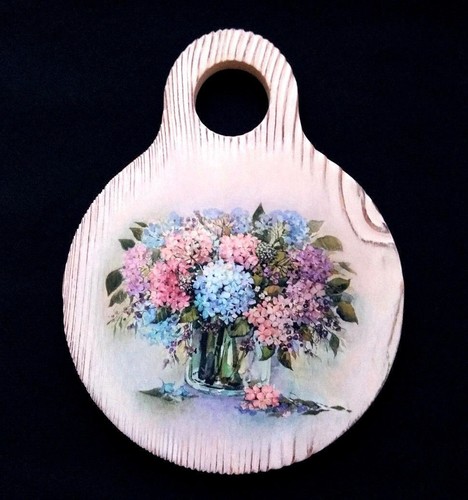 Cutting Board Wood Solid Natural Kitchen Hortensia Watercolor Paint Handcrafted - Picture 2 of 10