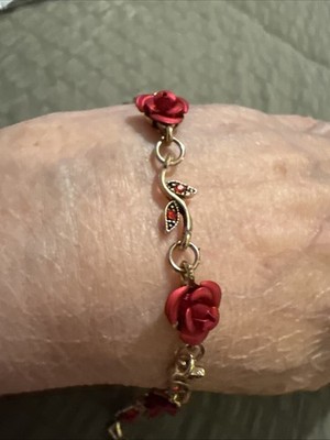 Elegant Gold Bracelet With 5 Red Roses And Red Crystal Accents