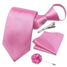 DiBanGu Men's Pre-tied Adjustable Zipper Skinny Satin Tie Set Pink Formal Nec...