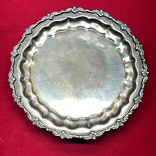 VTG Silverplate 8.5" Round Footed Salver Serving Tray Platter Scalloped Leaf Rim