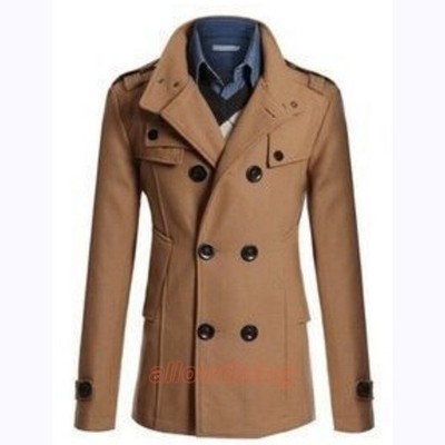 Men's Lapel Double Breasted Woolen Jacket Peacoat Outwear Slim Fit Long Sleeve