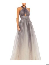 Mac Duggal Silver to Ivory Ombre Halter Prom Gown