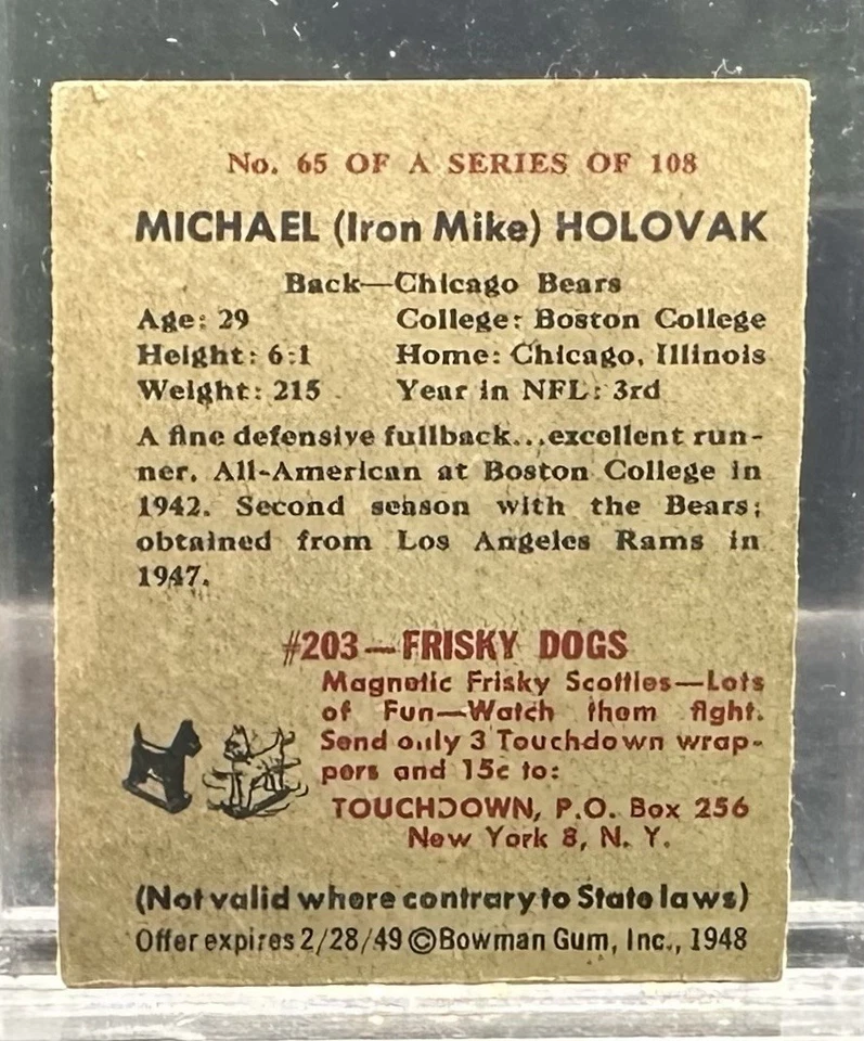 1948 Bowman #65 Mike Iron Mike Holovak RC Rookie Chicago Bears - Image 2 of 2