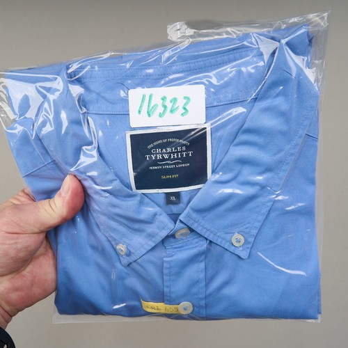 Charles Tyrwhitt Dress Shirt Mens XL Slim Fit Solid Blue Cotton Button Down - Picture 9 of 9