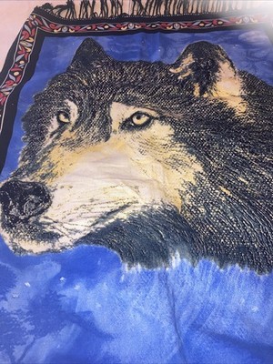 Schönes buntes Wolfsgesicht zum Aufhängen/Überwurf/Matte mit schwarzen Fransen