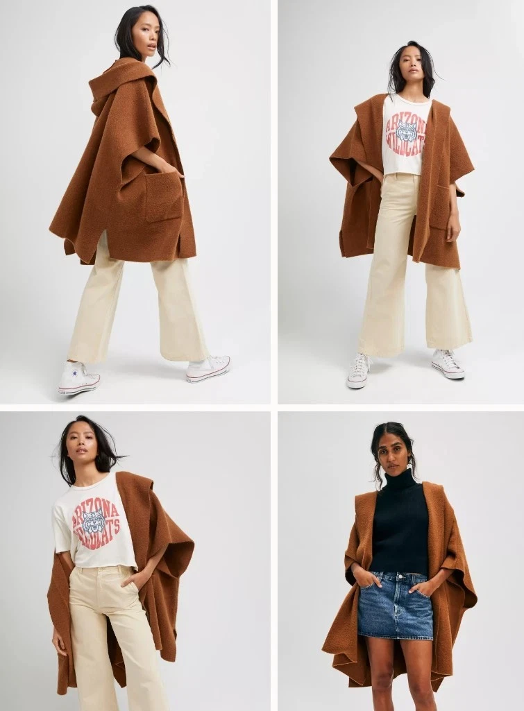Free People All I Need Cozy Hooded Duster Brown Sweater Coat Poncho ONE SIZE
