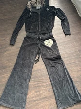 PINK Victoria Secret Black Velour Sequin Faux Fur 2pc Y2K Hooded Tracksuit Bling