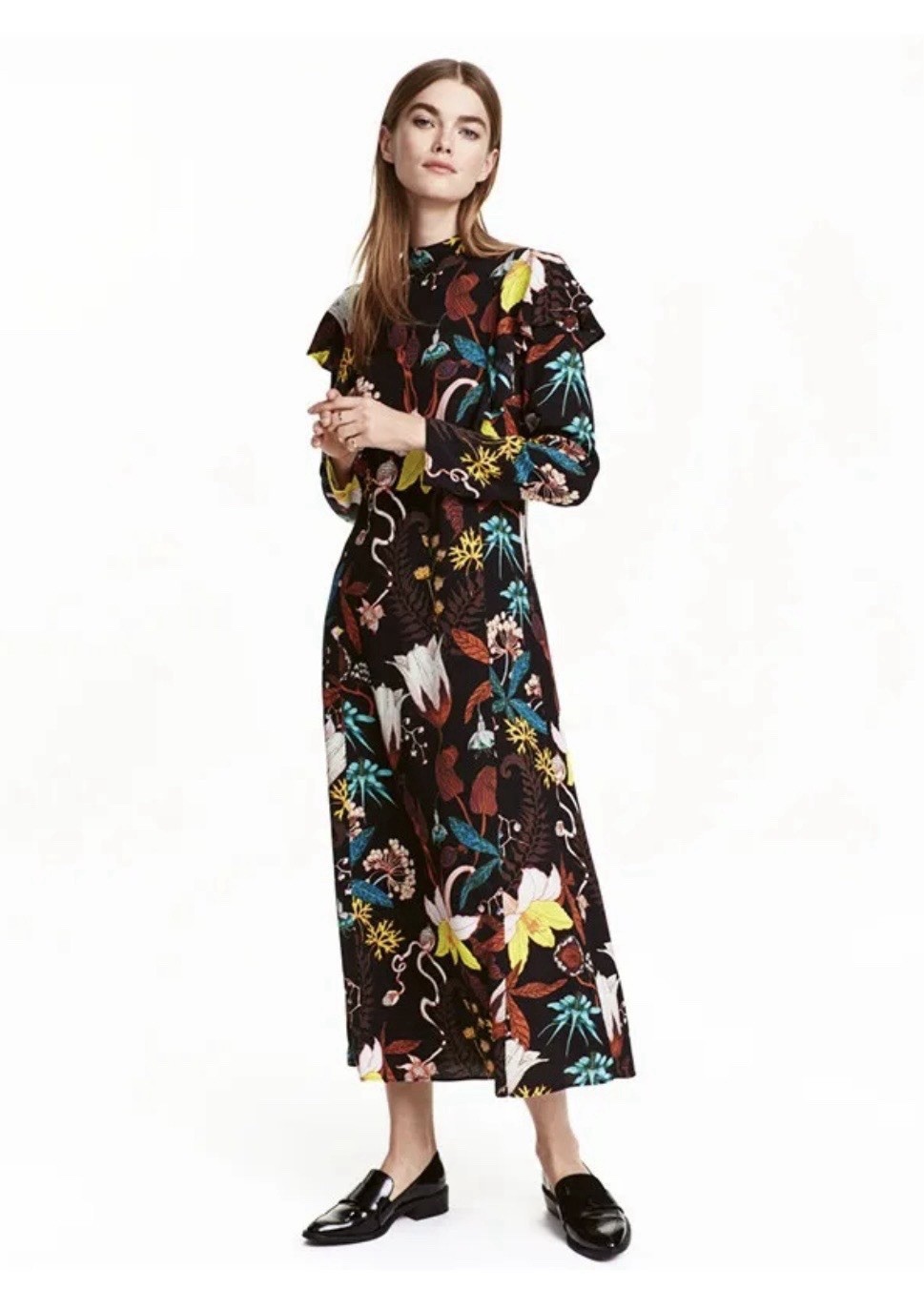 H&M Floral Ruffled Maxi Dress Sz 2 Dark Feminine Boho Autumn Bloggers Favorite